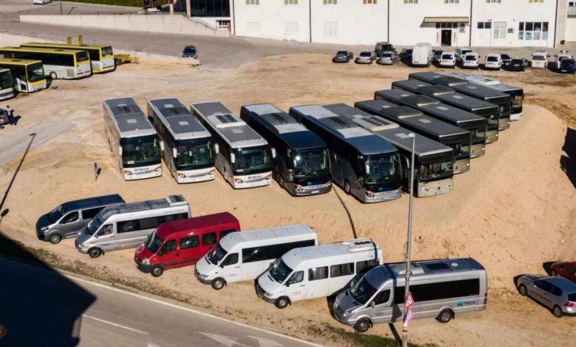 Agencija Laguna's fleet from above — coaches, minibuses and vans.